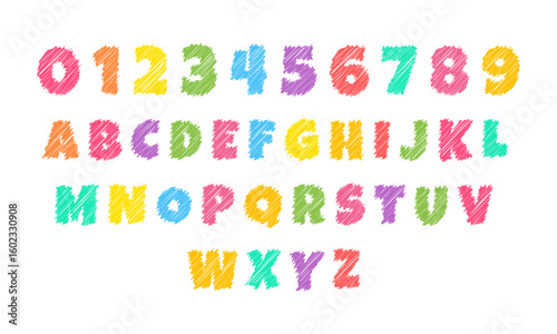 Colorful hand-drawn alphabet and numbers in playful font style, perfect for kids’ designs, learning tools, and school posters.