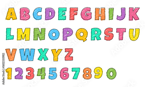 Colorful hand-drawn alphabet and numbers in playful font style, perfect for kids’ designs, learning tools, and school posters.