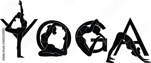 Black and white yoga illustration with poses forming the letters of the word yoga on a white background