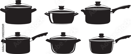 Black kitchen pots and saucepans kitchenware cookware, black, kitchenware, cookware, pots, saucepans, cooking, kitchen, utensils, metal, handles, lids, white background, illustration, set, collection,