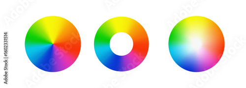 Circular color theory diagram showing full spectrum, gradient transitions, and harmony combinations. Bright multicolor radial palette. PNG