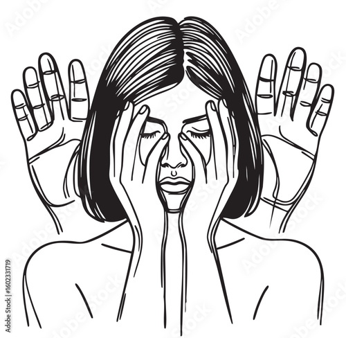 Woman making a stop violence. Abstract Sketch. Woman closed face hands