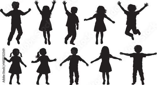 Children jumping and dancing silhouettes playing, children, silhouettes, jumping, dancing, playing, happy, energetic, diverse, boys, girls, black and white, isolated, white background, movement, celeb