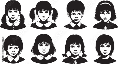 Children portraits black and white faces kids, children, portraits, black and white, faces, kids, girls, boy, hairstyles, pigtails, bob cut, bangs, collars, vintage, retro, illustration, graphic, desi