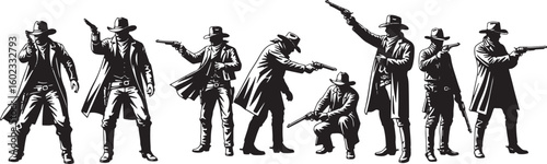 Cowboy silhouettes with revolvers western, cowboy, silhouette, western, gun, revolver, pistol, outlaw, vintage, retro, action, danger, conflict, duel, western wear, hat, coat, boots, western style, dr