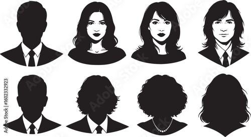 Diverse people portraits black white silhouettes women, people, portraits, silhouettes, men, women, hairstyles, suits, dresses, necklaces, black, white, graphic, illustration, diverse, professional, b