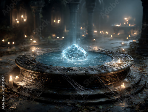 Wallpaper Mural Mysterious glowing crystal in ancient stone fountain at night Torontodigital.ca