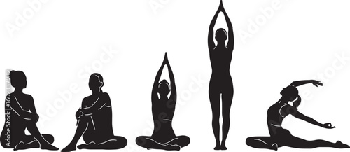 Diverse yoga poses black silhouettes fitness exercise, yoga, fitness, exercise, meditation, flexibility, strength, wellness, healthy lifestyle, silhouette, black and white, poses, stretching, balance,