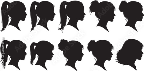 Female profiles diverse hairstyles silhouette faces, silhouette, female, profile, faces, hairstyles, ponytails, buns, long hair, short hair, black and white, graphic, illustration, people, women, dive