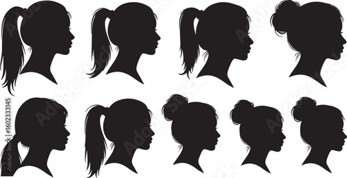 Female profiles with diverse hairstyles silhouette, silhouette, female, profile, hairstyles, ponytail, bun, black, white, graphic, illustration, portrait, head, face, hair, style, women, beauty, fashi