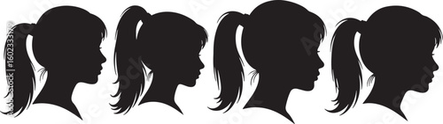 Female profiles with ponytails silhouette head, silhouette, female, profile, head, face, hair, ponytail, black, white, graphic, illustration, design, portrait, side view, clean, simple, modern, elegan