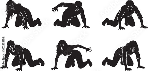 Figures crawling on white background black people, black, white, figures, crawling, people, humans, silhouettes, movement, action, isolated, graphic, illustration, horror, scary, creepy, monsters, zom