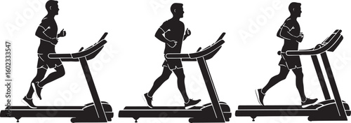 Man running on treadmill workout exercise fitness, man, running, treadmill, exercise, fitness, workout, indoor, cardio, health, sport, active, silhouette, black, white, training, movement, speed, legs