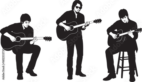 Musicians playing acoustic guitars playing music black and white, musicians, acoustic guitar, playing music, black and white, silhouette, performance, folk music, rock music, singer songwriter, band, 