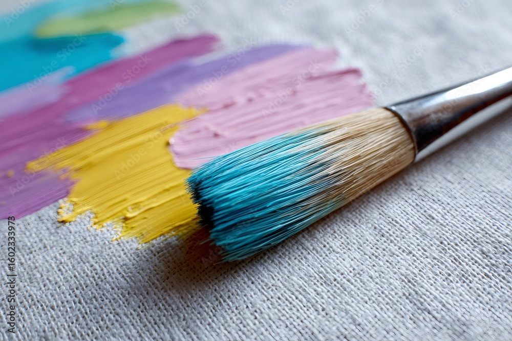 Fototapeta premium Paintbrush creating colorful brushstrokes on canvas