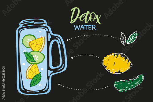 detox water in a glass jar with lemon slices, cucumber rounds, and mint leaves.  Charcoal black desk illustration with Graphic arrows ingredient info for menu recipe