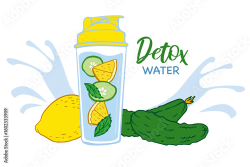 homemade detox water with lemon slices, cucumber rounds, and mint leaves in a shaker bottle. Fresh, colorful, healthy hydration concept. Hand drawn doodle illustration for menu, healthy food