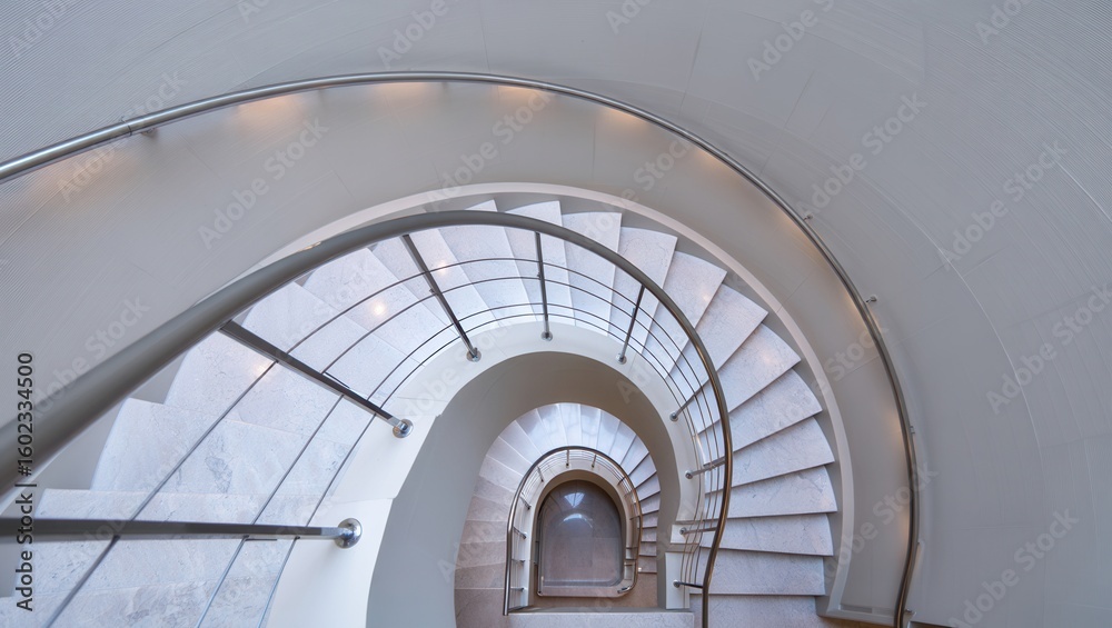 Obraz premium Spiral staircase leads down into a bright, minimalist space with modern railings and smooth walls