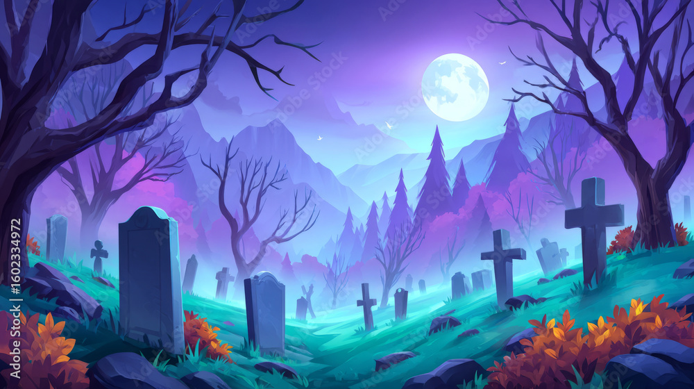 Fototapeta premium cemetery with leaning tombstones, dead trees and a ghostly fog floating in the air.