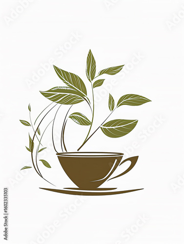 Illustrated tea logo with green leaves and orange teacup on white background

