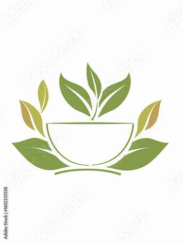 Illustrated tea logo with green leaves and orange teacup on white background

