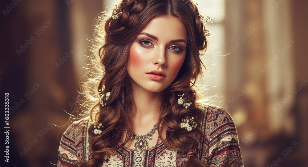 Fototapeta premium young woman with braids and flowers in her hair