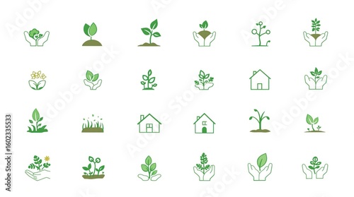 A collection of twenty-five minimalist icons depicting various stages of plant growth, nurtured by hands and homes, symbolizing environmental care