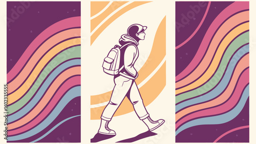 Retro style illustration of a person with a backpack walking past colorful wavy stripes and a starry sky background
