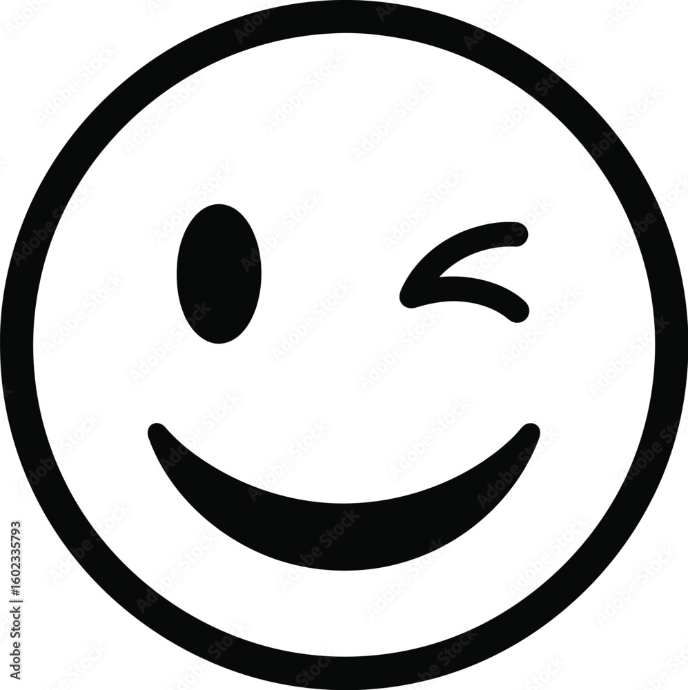 A simple black and white illustration of a winking smiley face with a curved smile and one eye closed A simple black and white illustration of a winking smiley face with a curved smile and one eye closed