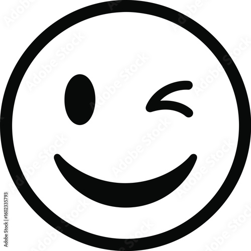 A simple black and white illustration of a winking smiley face with a curved smile and one eye closed
