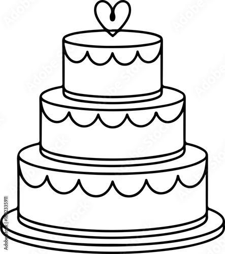 Simple hand drawn outline of a three tier wedding cake with a heart on top