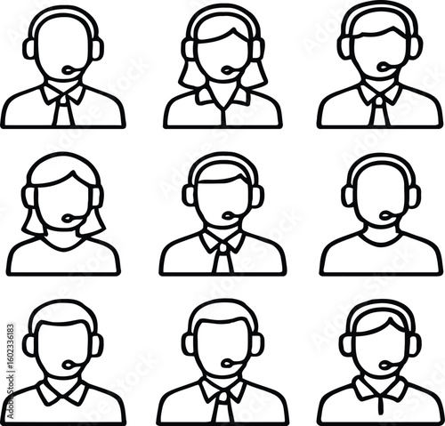 Call Center Operator Outline Icons – Customer Service and Support Helpline Vector Set
