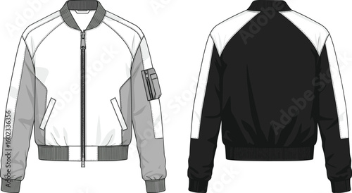 Cad drawing flat vector illustration, bomber jacket front and back view, technical fashion sketch, trendy outerwear design for apparel