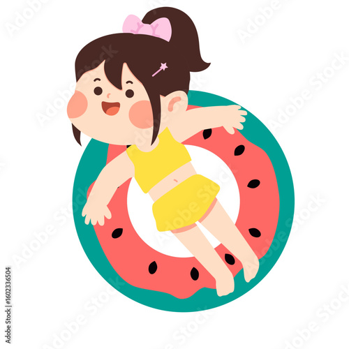 Cartoon Girl Floating with Watermelon Inner Tube