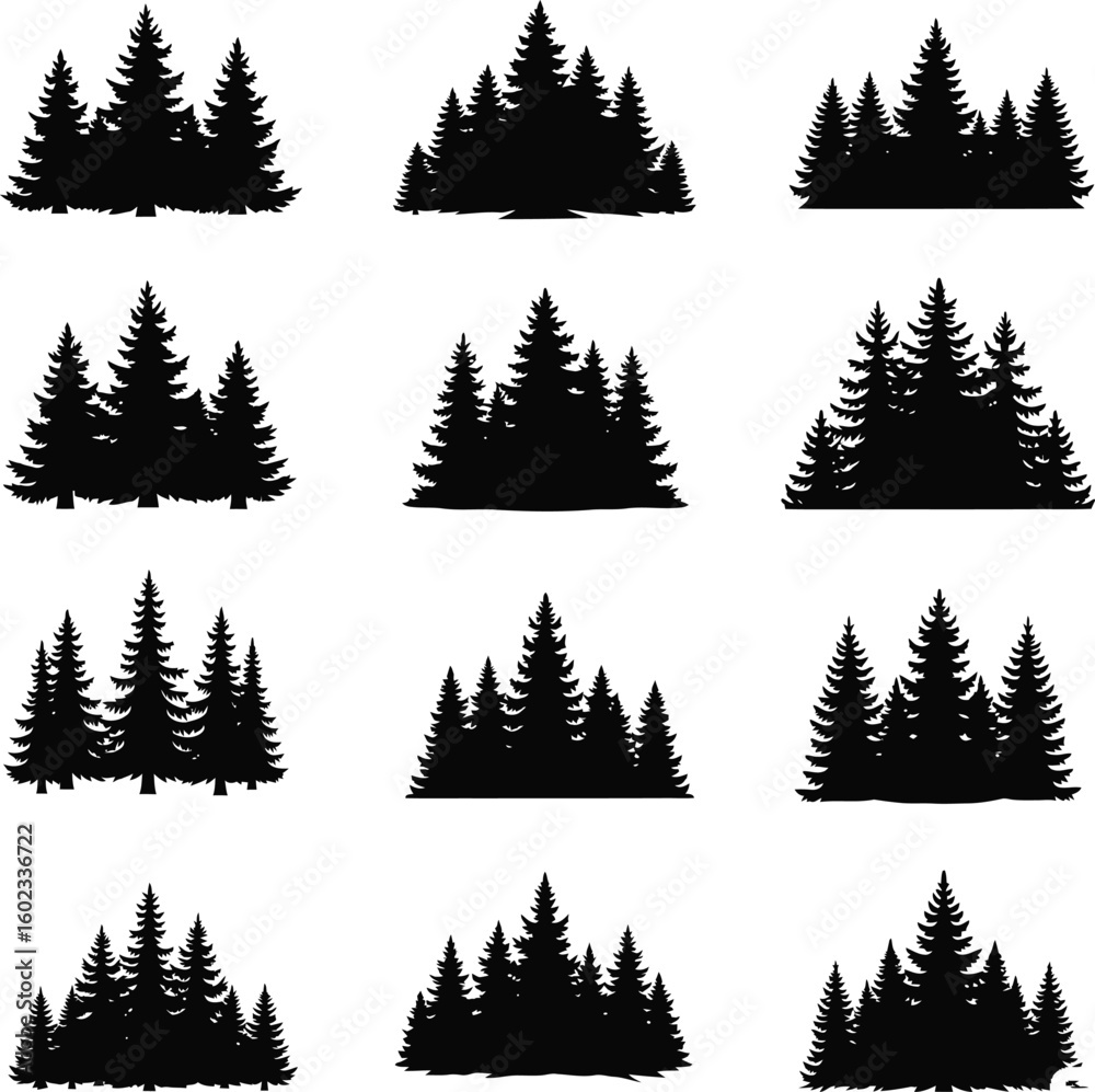 Obraz premium Collection of diverse black silhouette forest tree lines and natural landscape elements