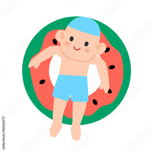 Illustration of Boy Floating on Watermelon Swim Ring