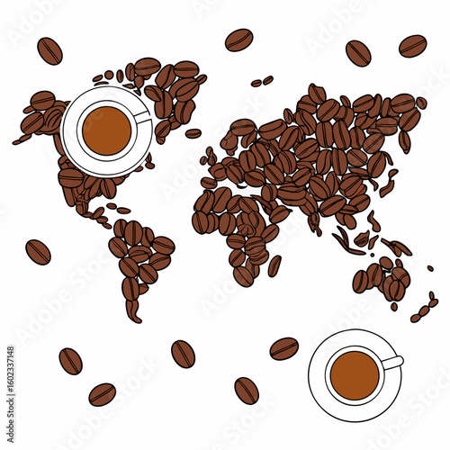 World map formed by coffee beans with two cups of coffee beverage