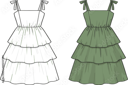 Elegant tiered summer dress fashion CAD drawing, stylish vector illustration of trendy outfit design, green and white clothing art