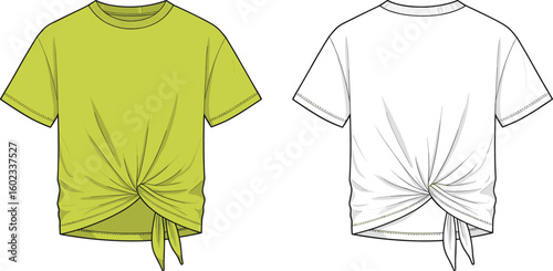 Knotted t-shirt vector, casual fashion sketch, summer top illustration, trendy apparel design, stylish clothing CAD drawing, flat front view tee