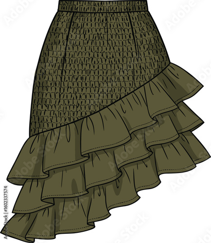 Olive green ruffled skirt CAD drawing, trendy fashion flat vector illustration, asymmetrical hemline, stylish garment design, digital sketch
