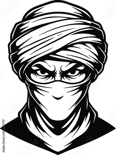 A black and white illustration of a man with a turban and a mask covering his face and neck area