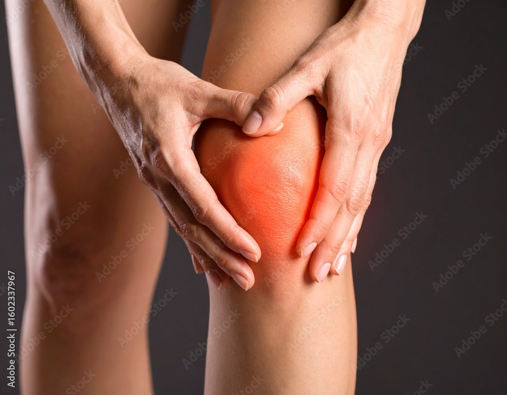 Knee Pain Relief: Woman's Hands Gently Massaging Inflamed Knee Joint Knee Pain Relief: Woman's Hands Gently Massaging Inflamed Knee Joint