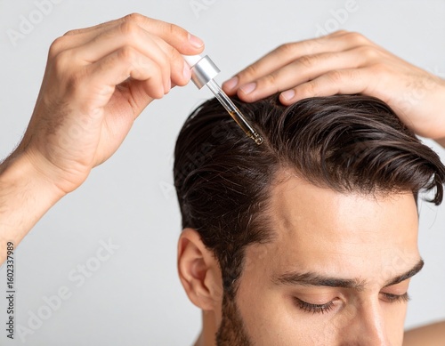 Applying Hair Serum to Man's Scalp, Close-up Detail