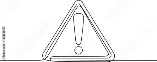 Continuous one line drawing of dangerous warning sign with exclamation mark in triangle icon in minimalist vector style

