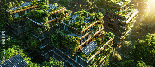 Wallpaper Mural Aerial view of modern buildings with green roofs and solar panels surrounded by trees in bright sunlight. Sustainable urban living and eco-friendly energy concept. Torontodigital.ca