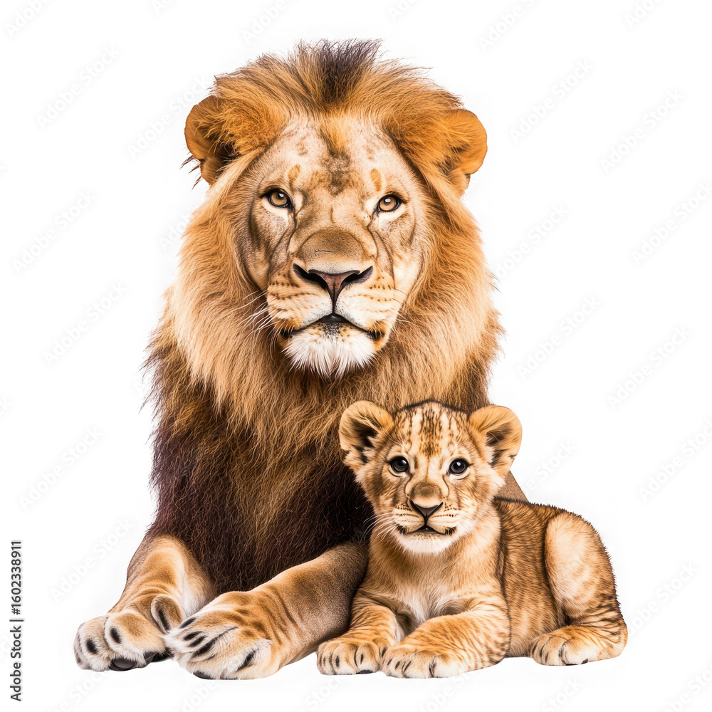 Big lion and little cute lion cub isolated on white and transparent background Big lion and little cute lion cub isolated on white and transparent background