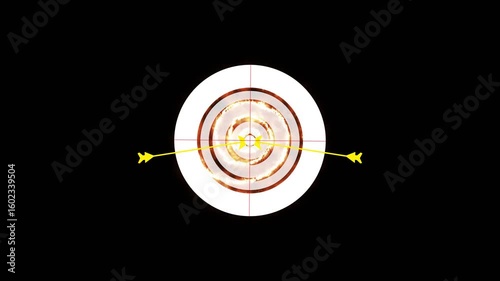 Bullseye target with arrows hitting the center, symbolizing success, precision, goal achievement, strategic focus, and accurate execution on a black background.