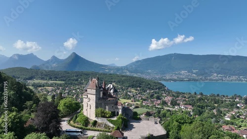 Aerial view of Menthon Saint Bernard  romantic fairytale castle near Lake Annecy in France inspired Sleeping Beauty castle