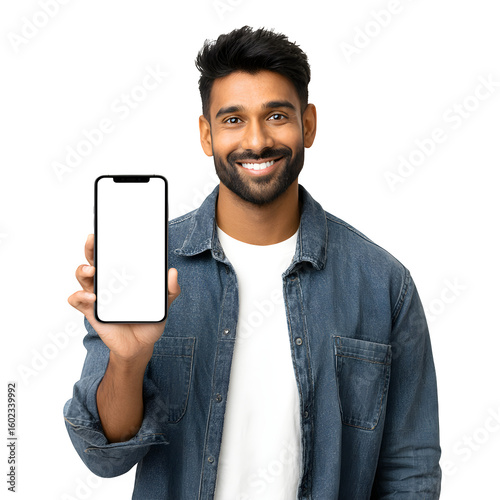 Smiling Indian man holding up a blank smartphone screen in his hand and  casual pose and  studio-lit portrait and  isolated white background Batch  realistic clean bright simple modern stock image iso