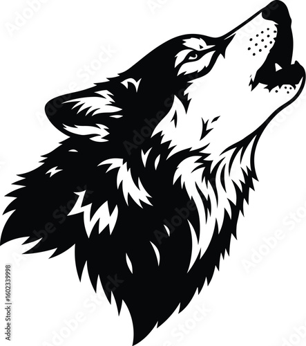 A black and white illustration of a wolf howling with its head tilted upwards on a white background